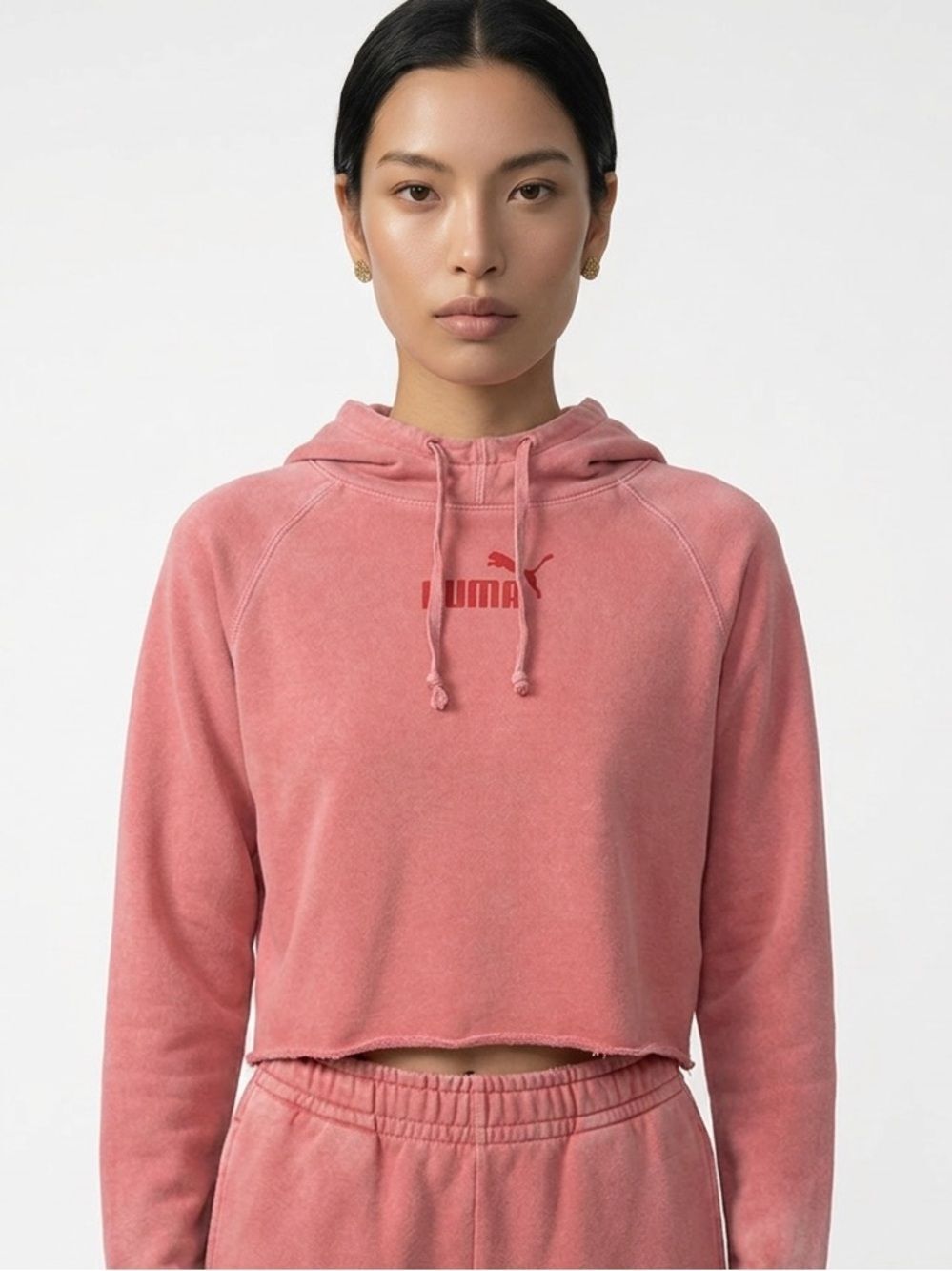PUMA | Pale Red Distressed Hoodie Semi Cropped Sweatshirt Women’s Size X-Small